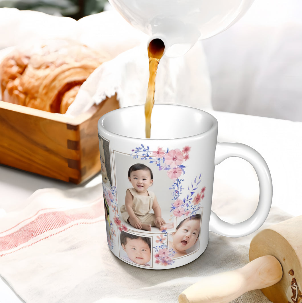 【オーダーメイド】写真入り　カスタマイズ可能なマグカップ　花柄　記念品　プレゼント　出産祝い